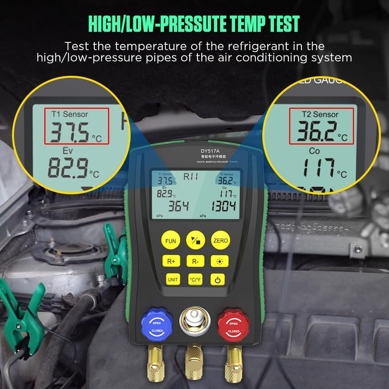KAISAL HVAC Gauges Digital Manifold Gauge Set Dual Pressure&Temp Test 89 Refrigerant Gauges R22 R134A R410A Refrigerant Recharge Kit HVAC Manifold Vacuum AC Gauge with Hoses for Air Conditioning/Refrigerator - Image 5
